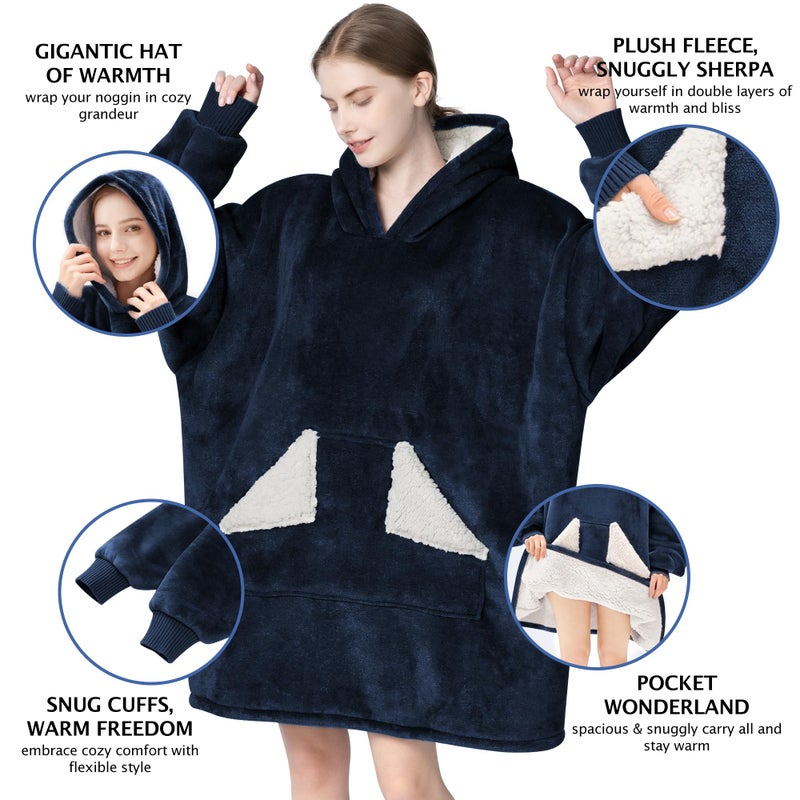 Touchat Wearable Blanket Hoodie, Oversized Sherpa Blanket Sweatshirt with Hood Pocket and Sleeves, Super Soft Warm Comfy Plush Hooded Blanket for Adult Women Men, One Size Fits All (NavyBlue) - Image 2